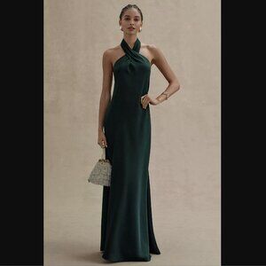BHLDN Ruby Twist Halter Satin Gown - Dark Emerald Size 0 (for 5'5" and under)